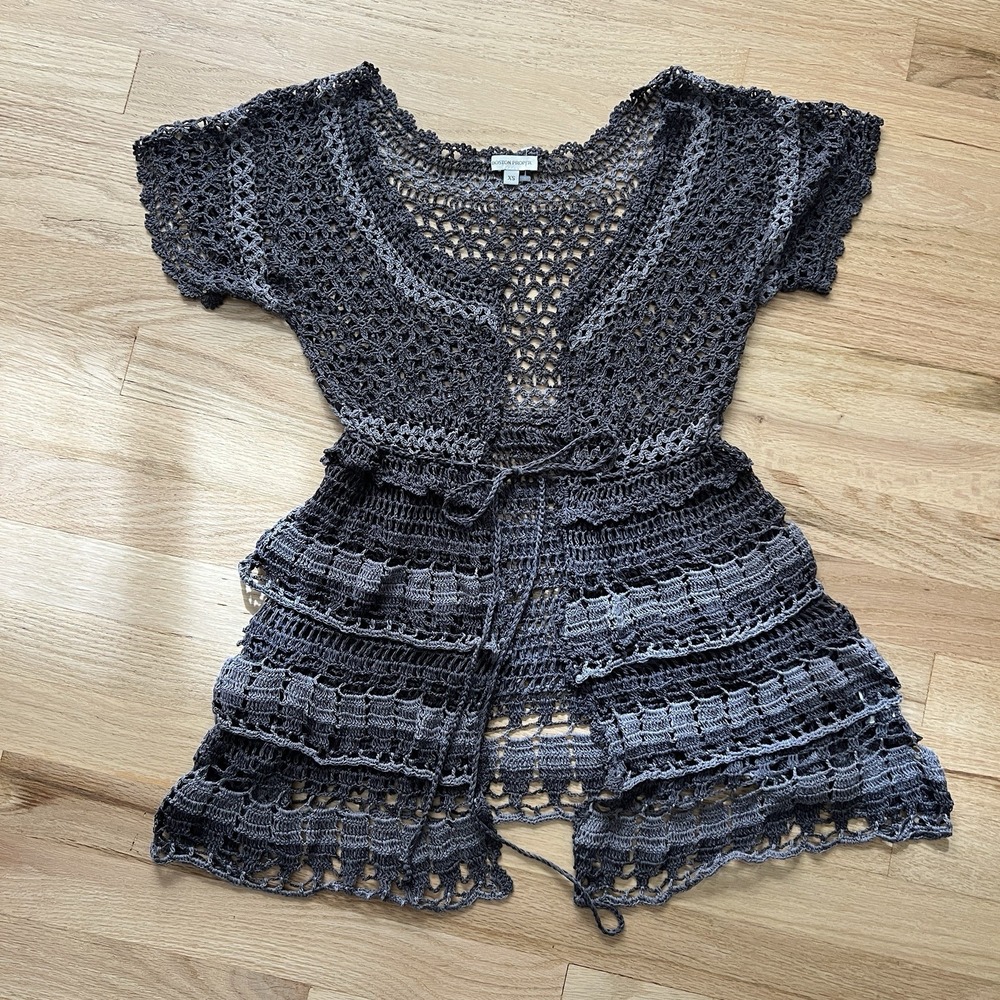 Gray Grey Open Knit Ruffle Trim Y2K Boho Fairy Size Xs Short Sleeve Whimsigoth